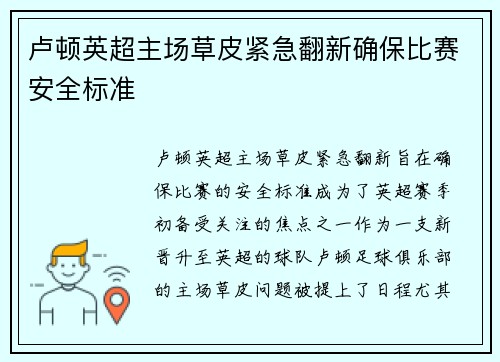 卢顿英超主场草皮紧急翻新确保比赛安全标准 卢顿英超主场草皮紧急翻新确保比赛安全标准